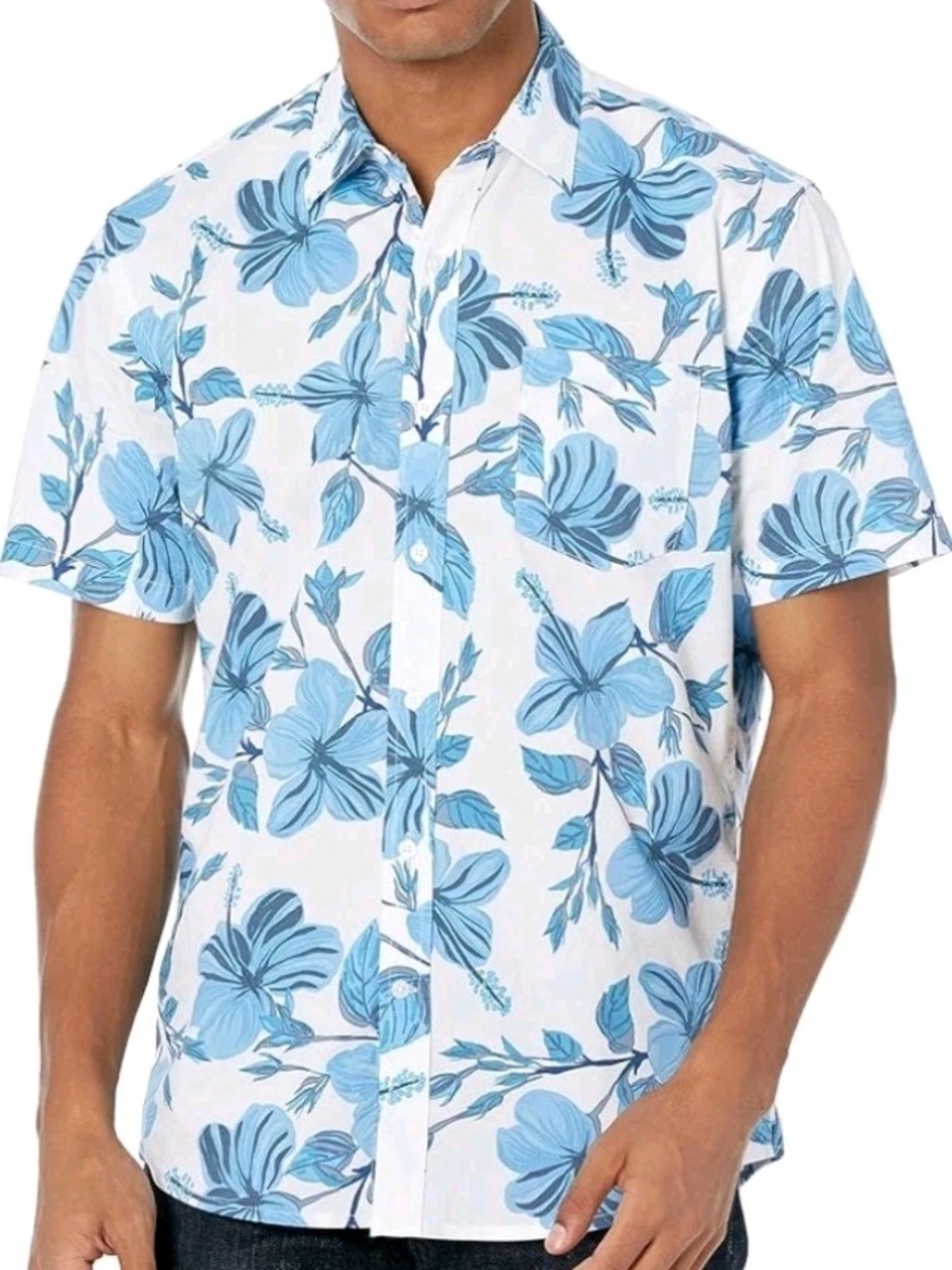 Amazon Essentials White Short-Sleeve Button-Down Shirt with Blue Floral Print
